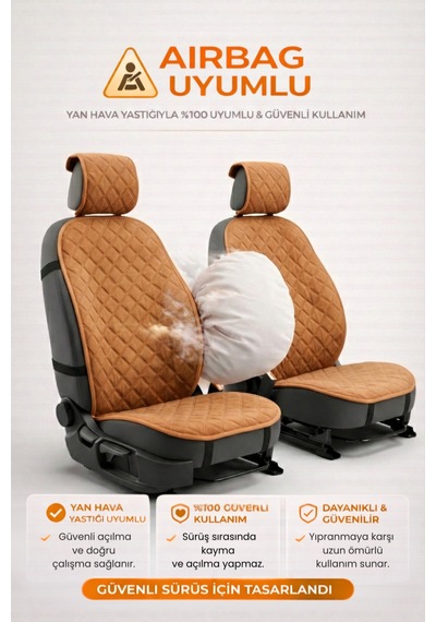 Oto Koltuk Kılıfı Tay Tüyü 2'li Ön Minder Terletmez Kaymaz Airbag Uyumlu - Taba