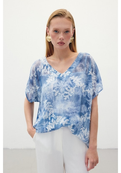 Sateen Nakışlı Kısa Kol Bluz - İndigo-136300 Indigo