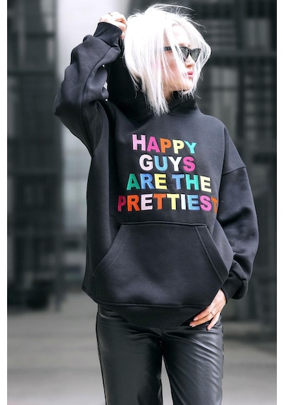 Siyah Renkli Nakışlı Bisiklet Yaka Sweatshirt Mg1574