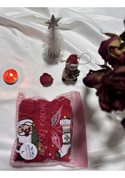 Trend Dokunuş Kadın 3'lü Kırmızı Yılbaşı Temalı Noel Figürlü Pamuklu Külot