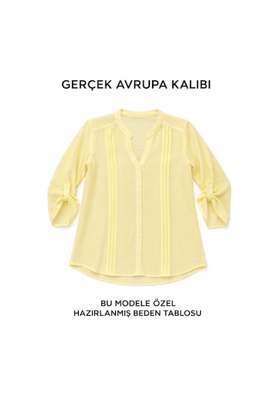 Büyük Beden Hakim Yaka Düğmeli Tencel Kumaş Rahat Kalıp Kadın Gömlek Sarı