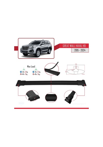 Great Wall Haval H9 2015 Ve Sonrası İle Uyumlu Fly Model Ara Atkı Tavan Barı Siyah