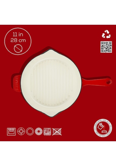 Metal Saplı 28 Cm Kırmızı İç Krem Döküm Yuvarlak Izgara Tava Çok Renkli