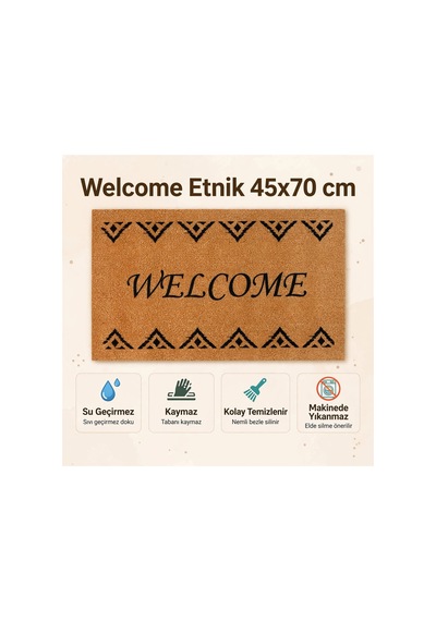 Coco Cc029a Welcome Desenli Kalın Kaymaz Taban Nem Alıcı Şık Tasarım Kapı Önü Paspası 45x75 Cm Bej
