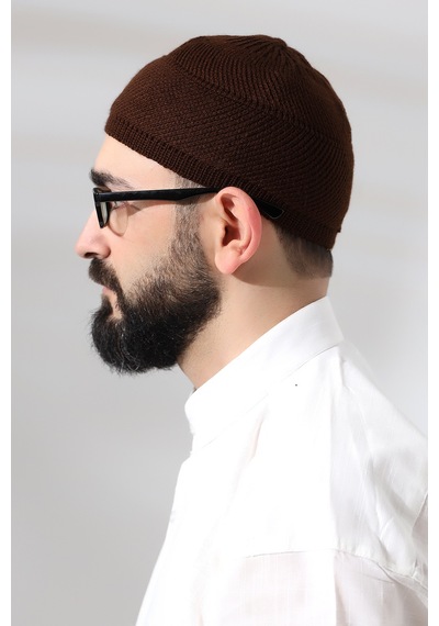 Kahve Süper Namaz Dantel Detaylı Örme Orlon Namaz Takkesi