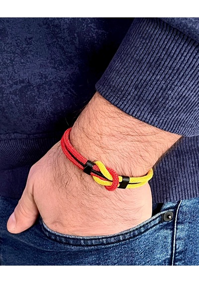 Çift Renkli El Yapımı Taraftar Bilekliği Makrome-%100 Deri Kombin Unisex Bileklik Net 21 Cm Sarı - Kırmızı