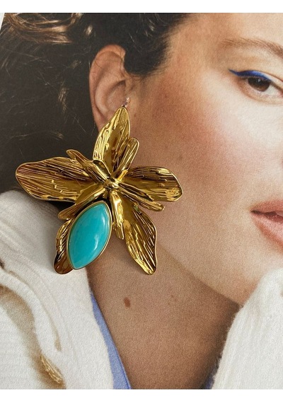 Pinery Jewels Firuze Taşlı Yaprak Paslanmaz Çelik Kadın Küpe Çifti Altın