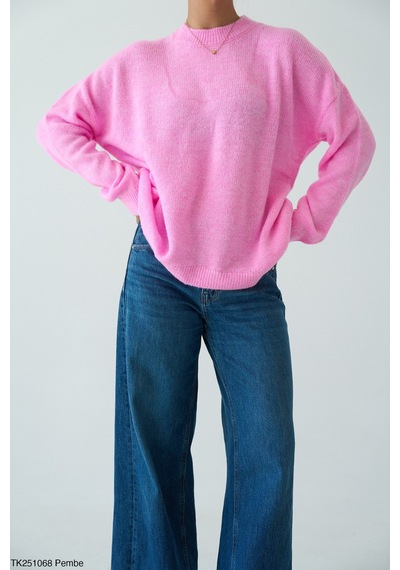 CEMO Bisiklet Yaka Oversize Triko Kazak Pembe