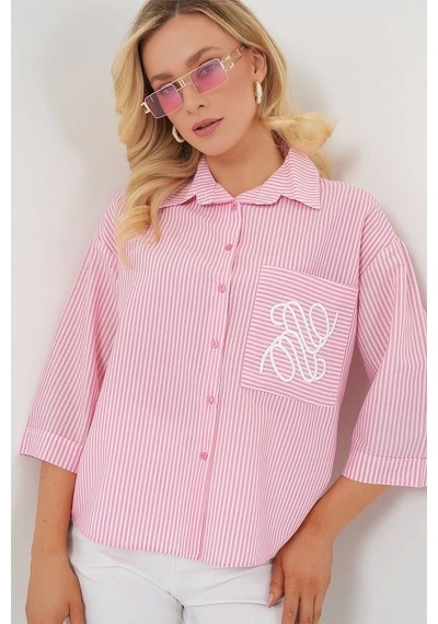 Defymoda Tek Cep Nakışlı Gömlek 20328 - Pembe Pembe