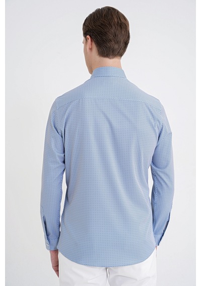 Slim Fit Yaka Düğmeli Baskılı Pamuklu Mavi Gömlek G 1606