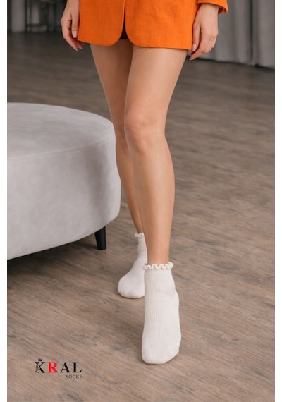 Kral Socks 3 Çift Pamuklu Fırfırlı Kadın Patik Çorap Dikişsiz Burun Ekru