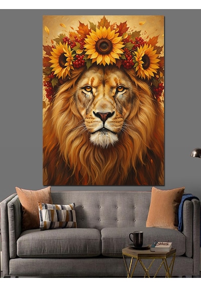 Ahşap Tablo Çiçek Şapkalı Aslan