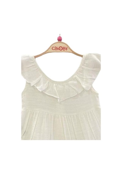 Çikoby Kız Bebek Motifli Yakası Fırfırlı Elbise-13952 Ekru