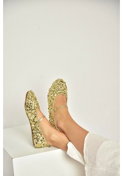 Fox Shoes Y250322040 Altın Kumaş Pullu Kadın Babet Altın
