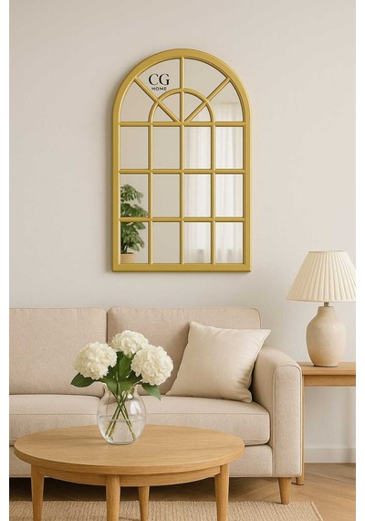 Ant Home Pencere Model, Ayna, Duvar Aynası, Salon Aynası, Dressuar Aynası, Ahşap Lake Boyalı Gold