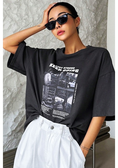 Unisex Keepgoing Baskılı Tasarım Tshirt Siyah