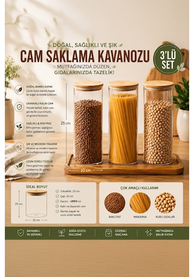 Porsima 3-3 Bambu Vakumlu Kapaklı Yuvarlak Borosilikat Cam 3lü Kavanoz Seti Saklama Kabı 1650ml 10x25cm Cam - Şeffaf