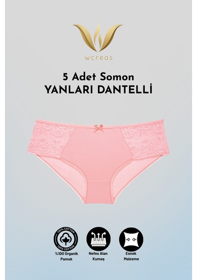 Wcreas Yanları Dantelli Pamuklu Kadın Bato Külot, 5'li Paket Pamuklu Yumuşak Kumaş Dantelli Külot Somon