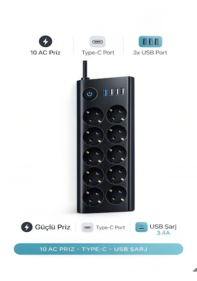 10'lu Priz, 3 Usb, 3.4 Amper, 1 Type-c Girişli 16a Akım Korumalı Uzatma Kablolu Priz Çoklayıcı 1 - 3 M