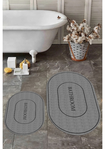 Buççin Online Mağaza Dijital Baskılı Yıkanabilir Kaymaz Sade Bathroom Yazılı Oval Banyo Paspası Klozet Takımı Polipropile Çok Renkli