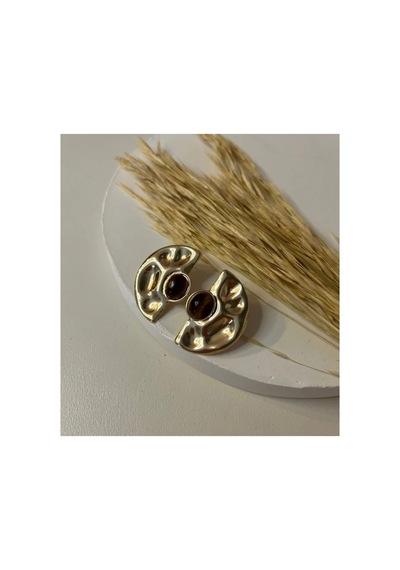 Lunarie Vintage Gold Dalgalı Yarım Ay Küpe Renkli Taşlı Çelik Kahverengi