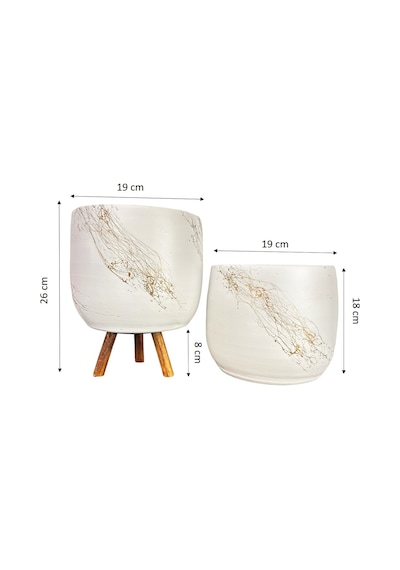 Bitki Tasarımı Ev Dekorasyon Aksesuar Beyaz Üzeri Gold Mermer Efektli Toprak Saksı Saksılık Salon Çiçeklik İkili Set Ayaksız - 3 Ayaklı 19 Cm