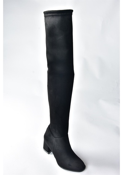 Fox Shoes Siyah Süet Streç Kalın Topuklu Kadın Dizüstü Çizme N282920002 Siyah-süet