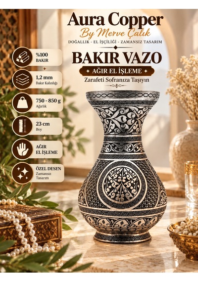Aura Copper Dekoratif Bakır Vazo 23 Cm Ağır El İşlemeli El Yapımı Obje Çiçeklik Vz-00002