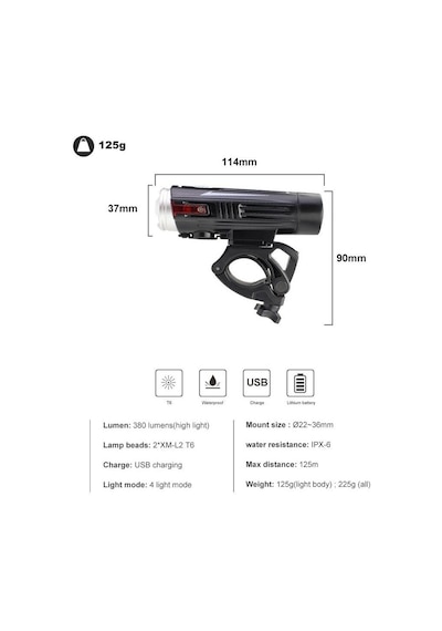 Forte GT Bisiklet ışığı USB şarj ön işık 4 modu 880 lümen Xbyc 6113 Siyah