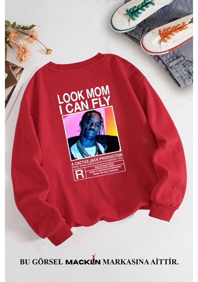 Macklin Unisex Kadın Erkek Travis Scott Cactus Jack Özel Tasarım Baskılı Bisiklet Yaka Sweatshirt Kırmızı2 Mck1293 Kırmızı