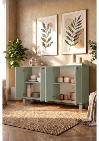 Yurudesign Nord Konsol 4 Kapaklı Ahşap Ayaklı 120cm Ihlamur Yeşili Nd2-y