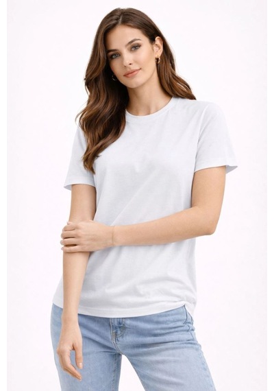 Kadın Bisiklet Yaka Yazlık Kısa Kol Düz Tişört Regular Kalıp T-shirt - Beyaz