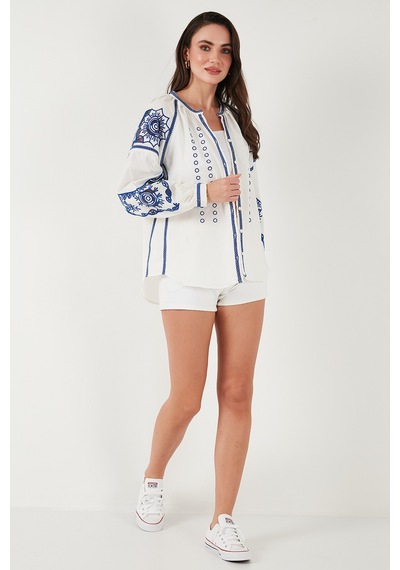 Lela Nakışlı Oversize Fit Pamuklu V Yaka Bayan Gömlek 676242 Ekru