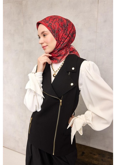 Silk Home Pamuk Polyester Soft Eşarp Kırmızı Zemin Vizon-siyah Lilyum Desenli Kaymaz Tok Duruşlu 90x90 Çok Renkli