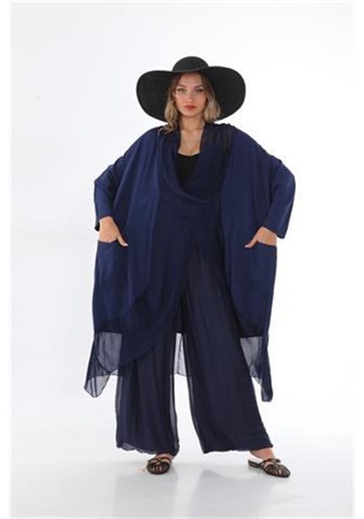 Italyan Ipek Detaylı Oversize Kap Bluz- Wes Pantolon Takım Lacivert