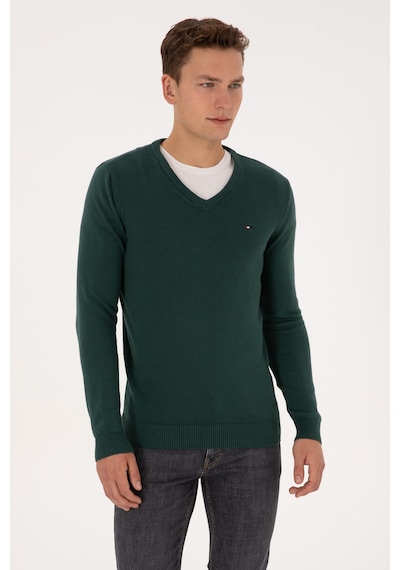 U.S. Polo Assn. Erkek Slim Fit V Yaka Koyu Yeşil Basic Kazak 50313668-VR079