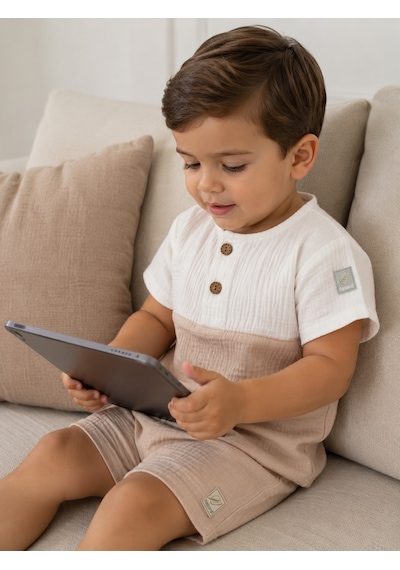 Babyhola Erkek Bebek Müslin Kumaş Şortlu Takım Yazlık Kısa Kollu 2 Li Takım 22455 Bej