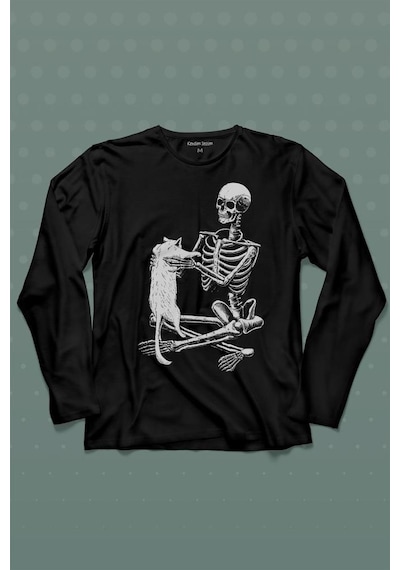 İskelet Ölünceye Kadar Kedi Seveceğim Skeleton Cat Love Uzun Kollu Tişört Baskılı T-shirt 001