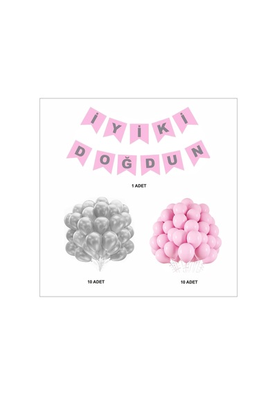 Pembe - Gümüş Mını Balon+Banner Seti