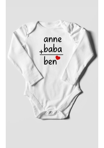 Anne Baba Ve Ben Baskılı Bebek Zıbını Çıtçıtlı Body %100 Pamuk Uzun Kol Beyaz