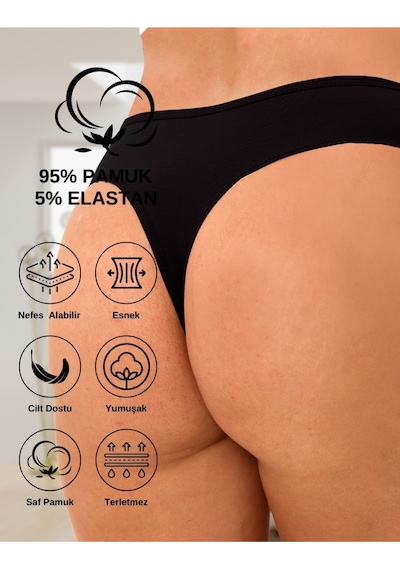Alya Underwear Kadın Bato Tanga Pamuklu Külot, Büyük Beden String, 5'li Paket- 2 Siyah, 1 Beyaz, 2 Ten Renkli P02