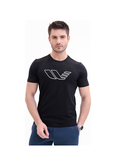 Rowinger 30/1 Süprem Kumaş Bisiklet Yaka Logo Baskılı Kısa Kollu Erkek Tişört Black