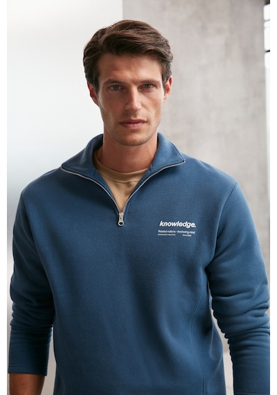 Grimelange Halden  Erkek Içi Polarlı Dik Yaka Yarım Fermuarlı Baskı Detaylı Regular Mavi Sweatshirt