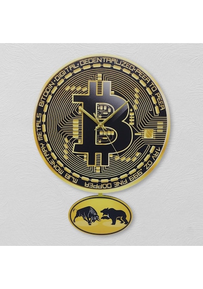 CajuArt Bitcoin Temalı Sallanan Sarkaçlı Ahşap Duvar Saati Hediye Sarı
