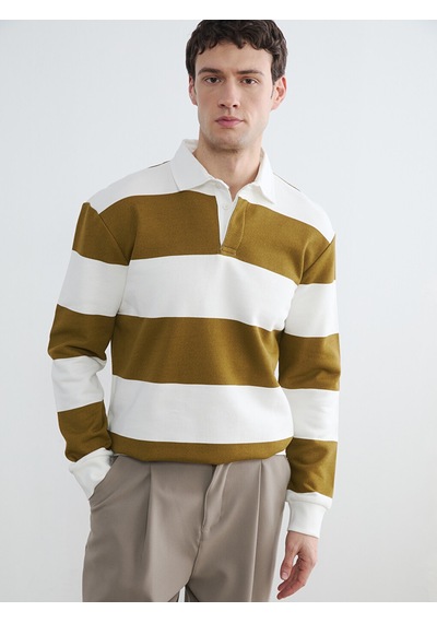 Lcw Vision Yeşil Polo Yaka Çizgili Erkek Sweatshirt