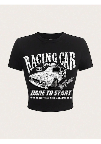 Tarzsokak 100% Pamuk Kadın Kırpma T-shirt Hip Hop Yarış Araba Baskılı Tişört Gömlek O-boyun Sıkı Kısa K Siyah