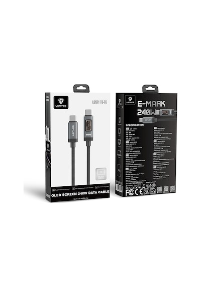 Lenyes Lc571 Oled Dijital Ekranlı Type-c To Type-c Data Ve Şarj Kablosu 240w 1.2m Siyah