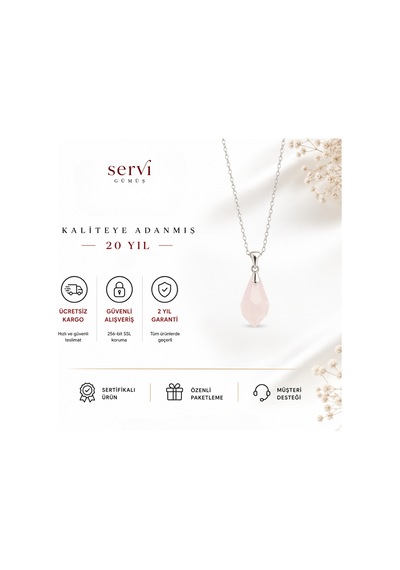 Servi 925 Ayar Gümüş Pembe Kuvars Taşlı Damla Kolye-472