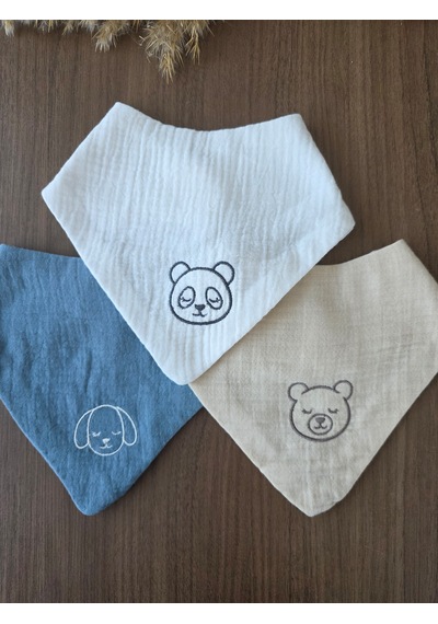 Sleepy Panda, Teddy & Puppy 3 Lü Nakışlı Müslin Bandana Önlük Seti Çok Renkli