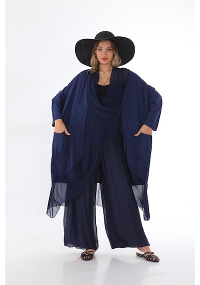 Bohem Stil Italyan Ipek Detaylı Oversize Kap Bluz- Wes Pantolon Takım-8789 Lacivert